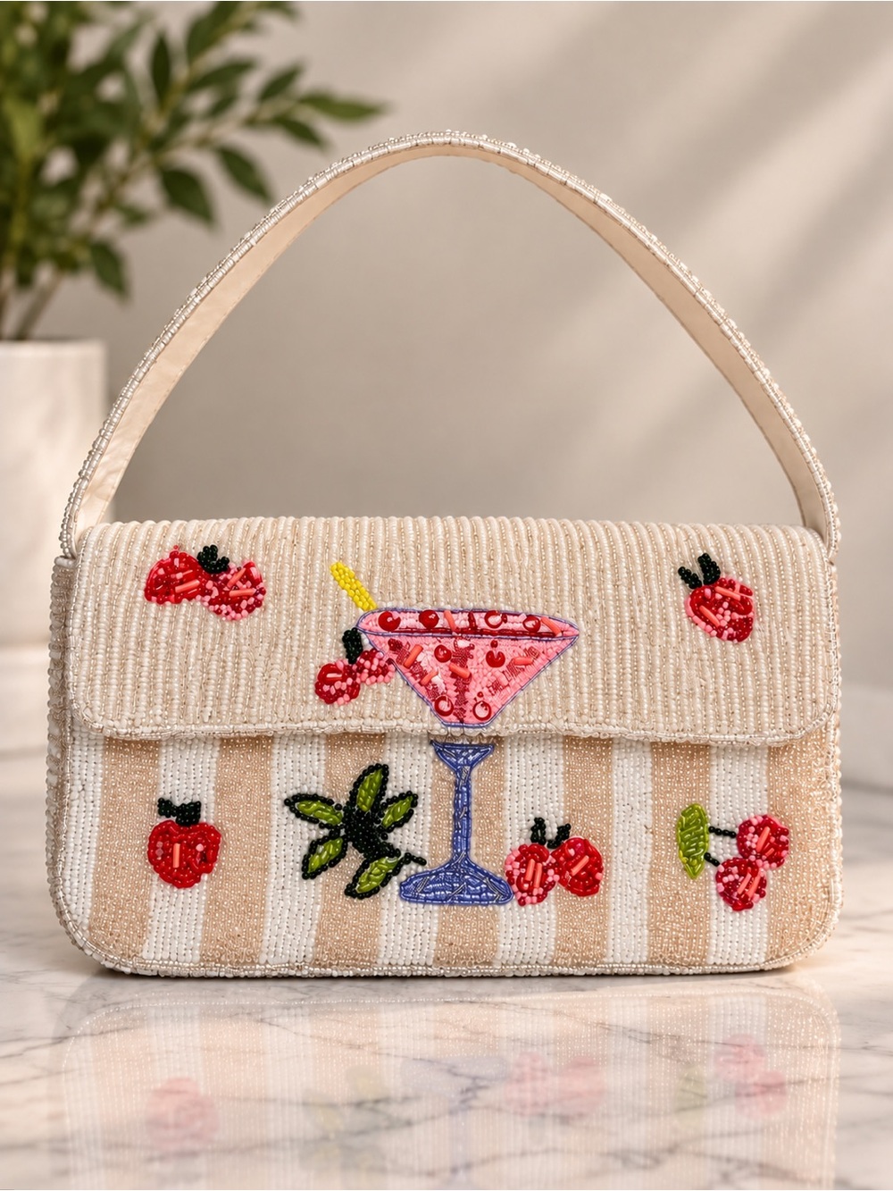Beaded Cream Mini Shoulder Bag with Cherry & Cocktail Motif